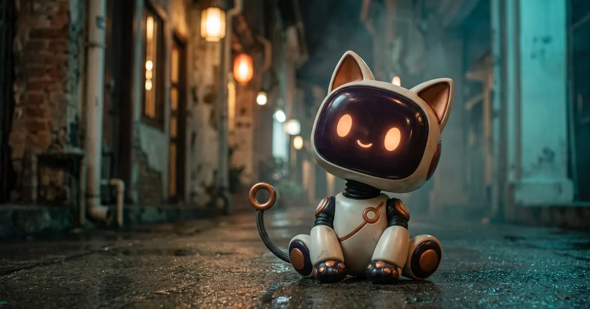 Kai, a small white robot cat with copper ears and a screen for a face, sitting in a wet lane in Kuching at night.