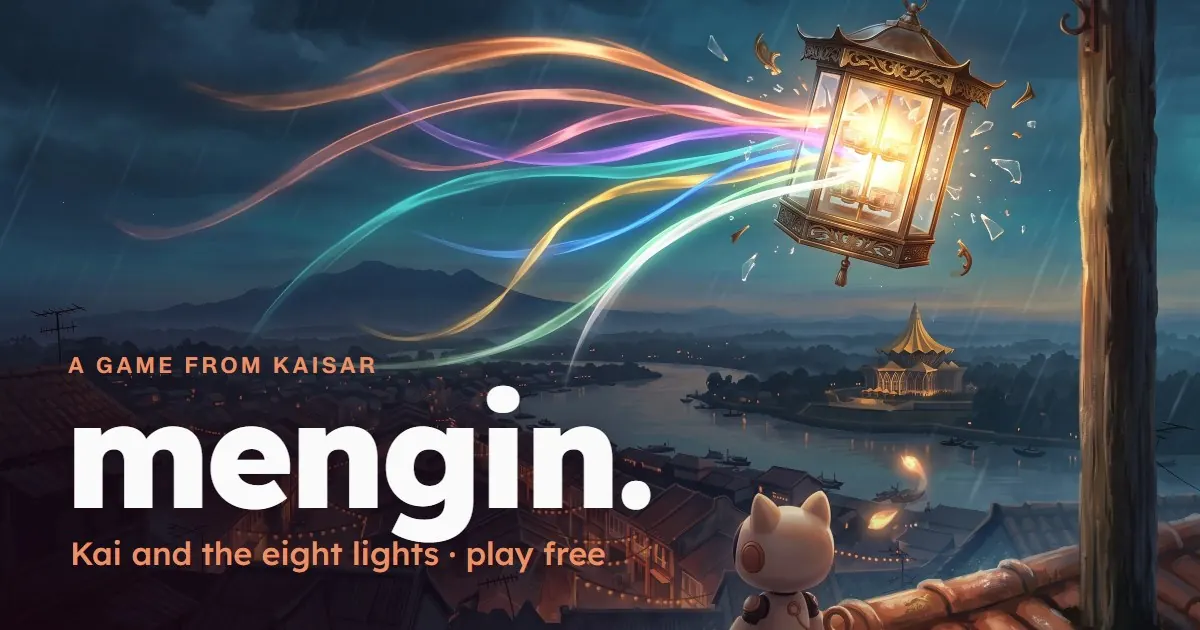 Kai the robot cat on a rooftop in Kuching at night, under a broken lantern, with the title mengin.