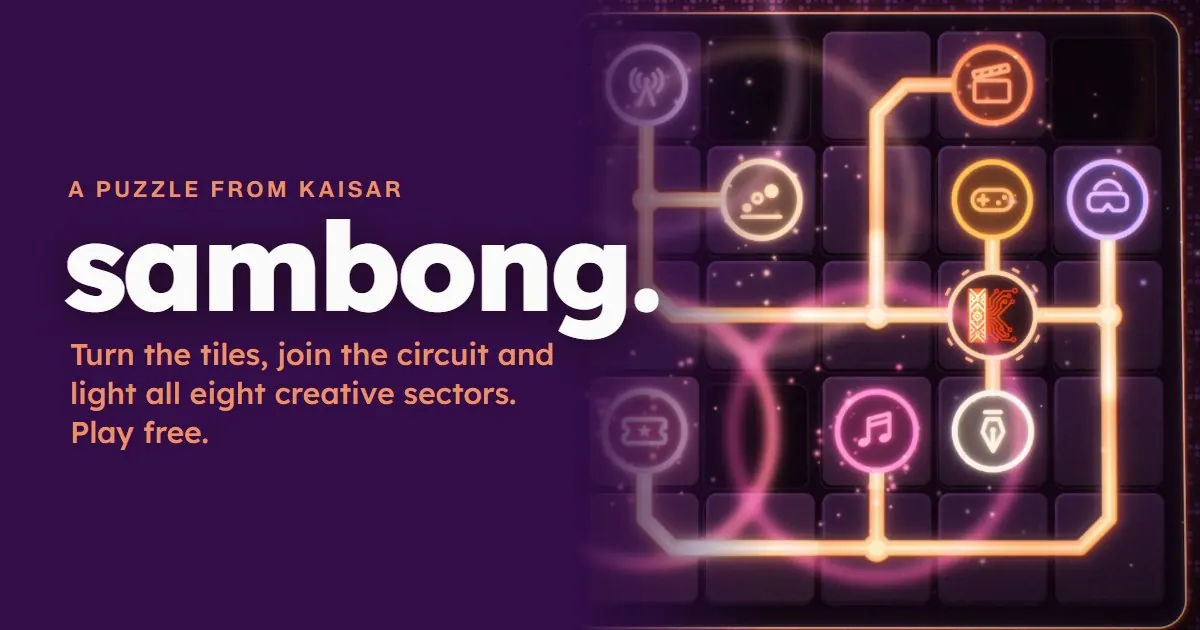A glowing circuit of tiles, each with the sign of a creative sector, and the title sambong.
