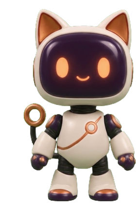 Kai, a small white robot cat with copper ears and a screen for a face, waving.