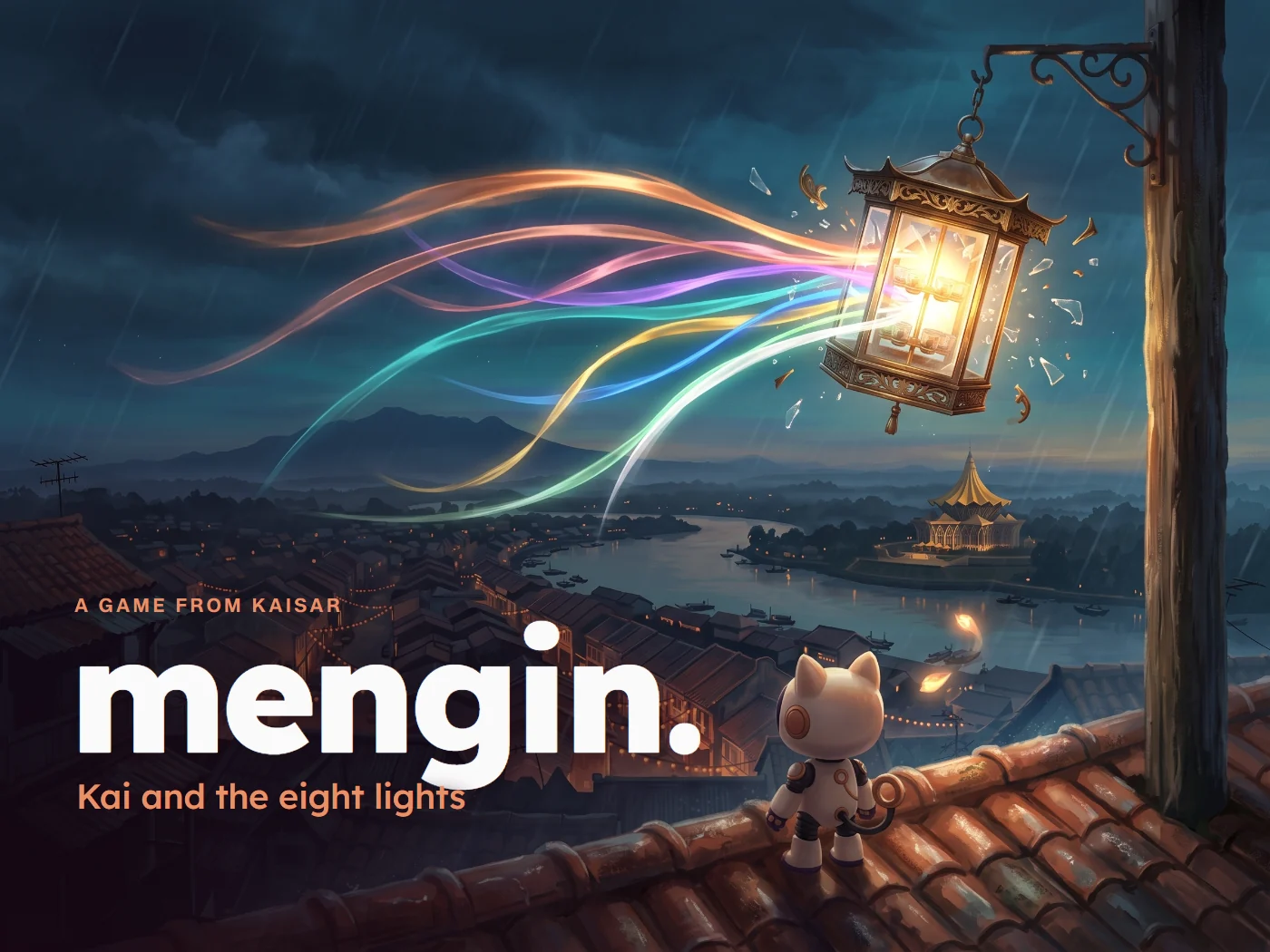 Kai's lantern glowing over the rooftops of Kuching at night.