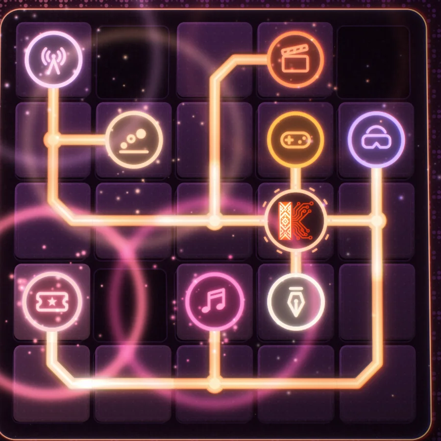 A glowing circuit of tiles, each with the sign of a creative sector.